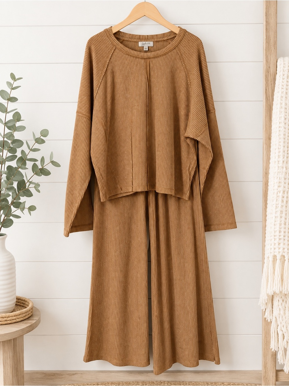 Cozy Ribbed Botique Two-Piece Set in Camel
